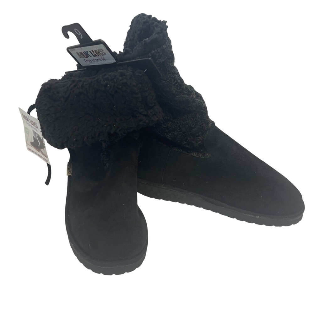 MUK LUKS Cozy Knit Booties‎ Womens Size 9 Black Fuzzy Slipper Boots